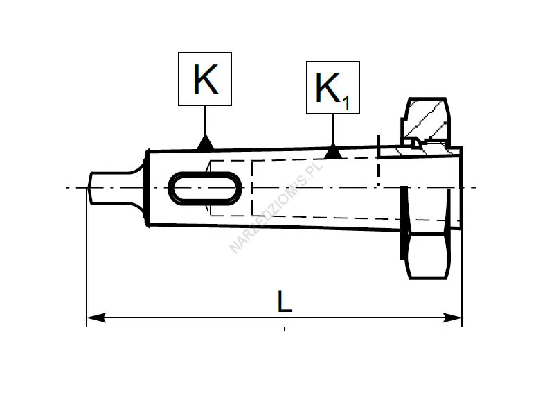Rysunek techniczny: Tuleja redukcyjna z chw. Morse'a z płetwą i nakrętką na st.Morse'a: T.1754 MS2/MS1 - KOLNO
